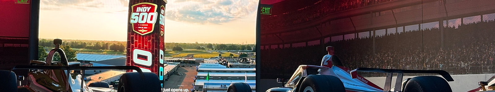 Suspended, curved video wall at the Indianapolis Motor Speedway Museum featuring the Draper Foundation mounting system